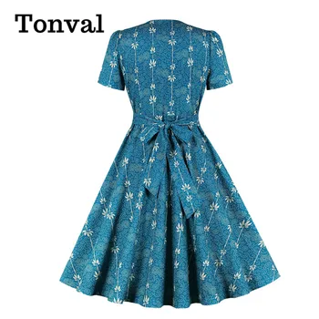 Tonval Blue Print Gėlių V Kaklo 50s Pin Up Moterims Linija Midi Suknelė Vieną Krūtinėmis peteliškę Atgal Elegantiškas Sūpynės Suknelės