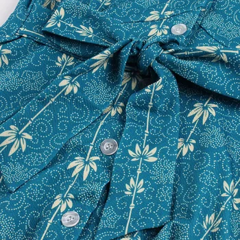 Tonval Blue Print Gėlių V Kaklo 50s Pin Up Moterims Linija Midi Suknelė Vieną Krūtinėmis peteliškę Atgal Elegantiškas Sūpynės Suknelės