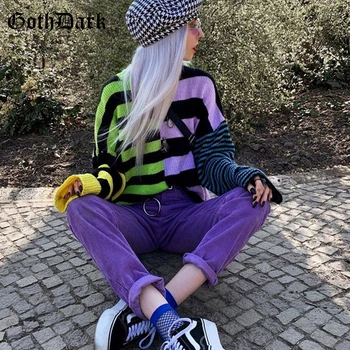 Goth Tamsiai Vintage Gotikos Spalvinga Dryžuotas Megztiniai E-Girl Harajuku Punk Mados Spalvų Blokavimo Estetinės Puloveriai Moterims