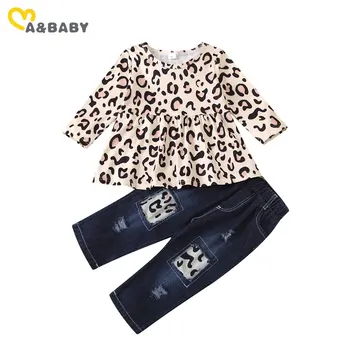 Ma&Baby 1-6Y Bamblys Vaikas Mergaičių Drabužių Rinkinys Leopardas Tunika Raukiniai Viršūnes Džinsinio audinio Kelnės, Džinsai Vaikams, Apranga, Rudens, Pavasario Drabužių