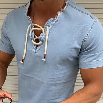 2020 metų vasaros Vyrų styginių kaklo kaklaraištis nėrinių apykaklę slim tampri Marškinėliai T-shirts Mens V kaklo Vyras marškinėliai vyrams Tshirts S-3XL