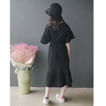 2020 Naujas Mados Mergaičių marškinėlius Suknelė nustatyti medvilnės Juodos spalvos trumpomis rankovėmis Raukiniai Vaikų marškinėliai topai + Sijonas Vaikai mergina paplūdimio suknelė