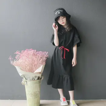 2020 Naujas Mados Mergaičių marškinėlius Suknelė nustatyti medvilnės Juodos spalvos trumpomis rankovėmis Raukiniai Vaikų marškinėliai topai + Sijonas Vaikai mergina paplūdimio suknelė