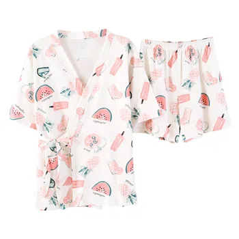 Moterys, naujas kimono pižama ponios vasaros trumpomis rankovėmis medvilnės Japonijos seksualus megztinis dviejų dalių saldus pajama komplektai pižama moterims