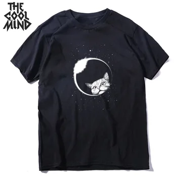 COOLMIND medvilnės mėnulis katė spausdinti vyrų marškinėliai atsitiktinis trumpas rankovės cool cat vyrų Marškinėlius, o-kaklo t-shirt vyrai tee marškinėliai topai