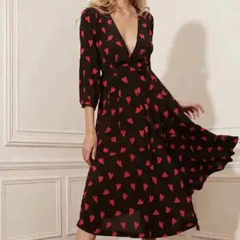 2020 Šifono Ilgomis Rankovėmis Wrap Suknelė Moterims Raudona Širdis Spausdinti Čigonų Aukštos Padalinta Lady Suknelė Elegantiškas Maxi Šalies Ilga Suknelė