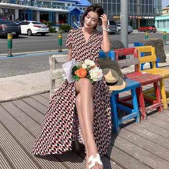 Vasarą Moterys Spausdinti Slim Maxi Suknelė Elegantiškas Boho Office Atsitiktinis Atostogas Atogrąžų Long Beach Suknelė Vintage Korėjos Kilimo Ir Tūpimo Tako Vestidos