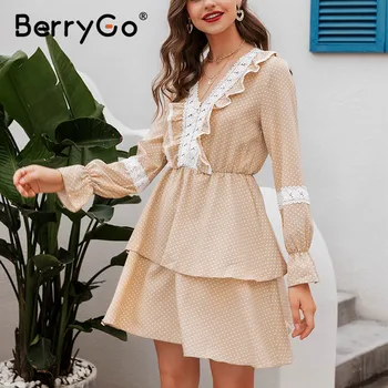 BerryGo Elegantiška vintage moterys dirbti aprangos Mados ilgomis rankovėmis kietas dot nėrinių mini suknelė Atsitiktinis slim ponios holiday beach suknelė