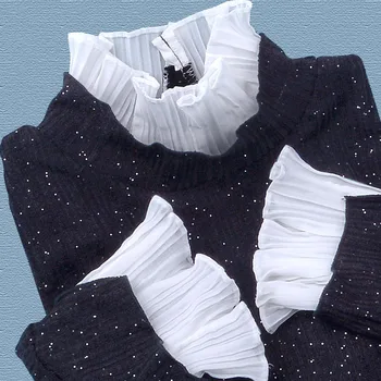 Nėriniai megzti false dviejų dalių moterims megztiniai blyksnius rankovėmis balta juoda kratinys buttoming išsitraukia office lady elegantiškas viršūnės