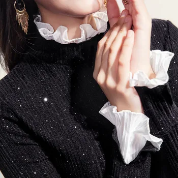 Nėriniai megzti false dviejų dalių moterims megztiniai blyksnius rankovėmis balta juoda kratinys buttoming išsitraukia office lady elegantiškas viršūnės
