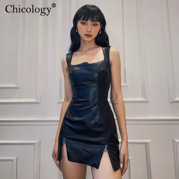Chicology Y2K Pu Odos Aikštėje Apykaklės Padalinta Mini Suknelė Moterims Seksualus Klubas Šalies Bodycon Komplektus 2020 M. Rudens-Žiemos Mados Drabužiai