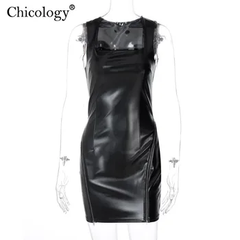 Chicology Y2K Pu Odos Aikštėje Apykaklės Padalinta Mini Suknelė Moterims Seksualus Klubas Šalies Bodycon Komplektus 2020 M. Rudens-Žiemos Mados Drabužiai