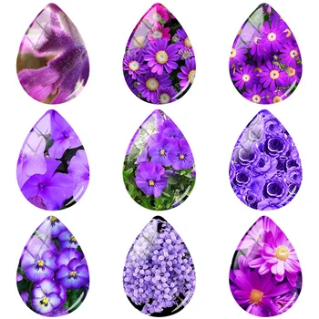 TAFREE Gražus Violetinės Gėlės Modelis 18x25mm Rankų darbo Ašarų Lašas Formos Stiklo Cabochon Dome Butas Atgal Papuošalai FL164