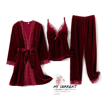 3PCS Pižama Kostiumas Moterims Veliūras Chalatas Kimono Suknelė Minkštas Aksominis Pižamos naktiniai drabužiai 2021 M. Rudenį Naujų Sleepwear Namų Drabužiai