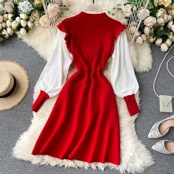 Rudenį, Žiemą Megztinius Moteris Suknelė Ilgomis Rankovėmis Korėjos Stiliaus Elegantiška Raudonos Suknelės Moterims Elastingumą Atsitiktinis Megztinis Juoda Suknelė