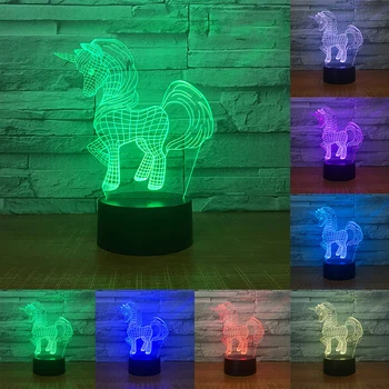 3D Vienaragis Lempos Arklių Naktį lengvos Lentelės, Stalo Lempos 7 Spalvų Kaita,Optinė Iliuzija lempa Led Kalėdinės Dovanos Dekoro Šviesos