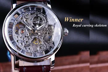 Nugalėtojas Royal Drožyba Skeletas Rudos Odos Dirželis Sidabro Atveju Skaidrus Atveju Vyrai Žiūrėti Top Brand Prabanga Mechaninis Laikrodis Laikrodis
